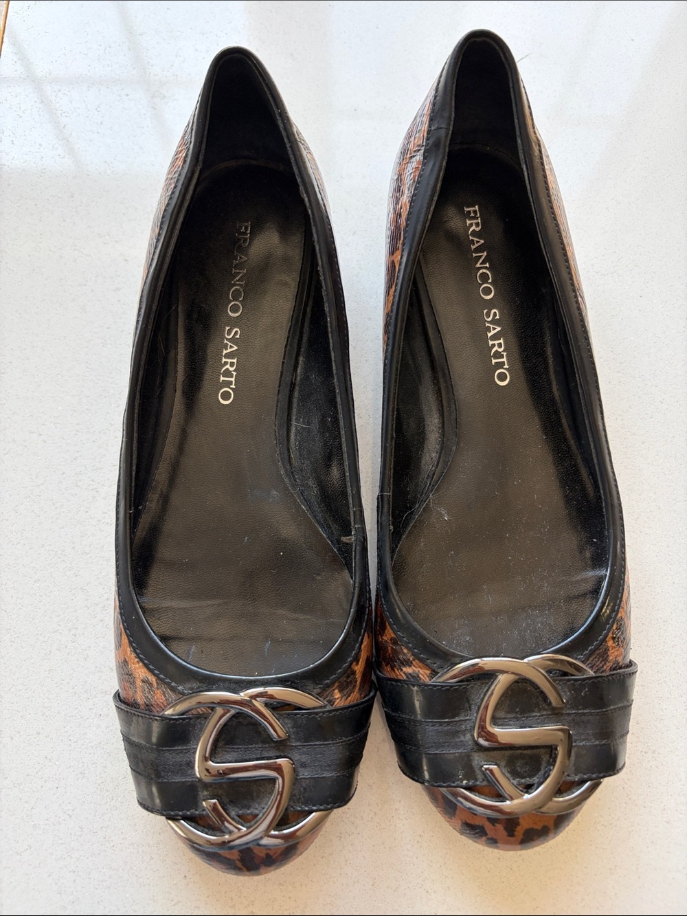 Franco Sarto Leopard-Print Ballet Flats with Black Trim and Gold Hardware